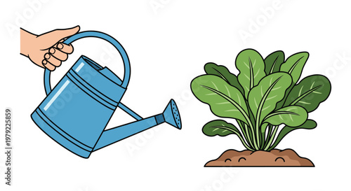 A hand grips a bright blue plastic watering can to nourish a lush green leafy plant growing in rich brown soil within a clean and minimalist setting.