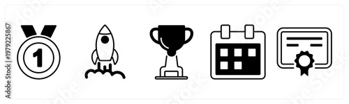 A set of 5 mix icons as medal, launch, trophy