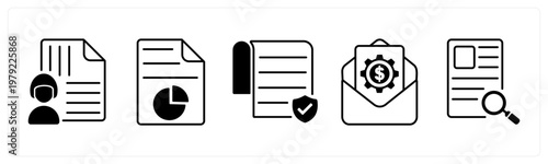 A set of 5 mix icons as managed document, report chart, authorship