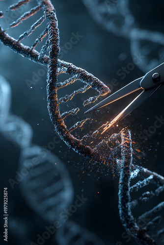 CRISPR gene editing visualization with DNA strand cut in detailed molecular composition showcasing modern biotechnology precision and genetic engineering concept