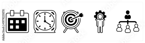 A set of 5 mix icons as schedule, clock, target