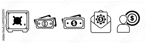 A set of 5 mix icons as locker, cash, increment lette