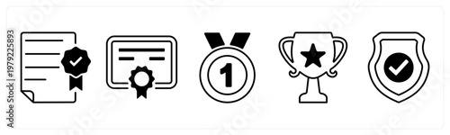 A set of 5 mix icons as certificate, medal,  trophy