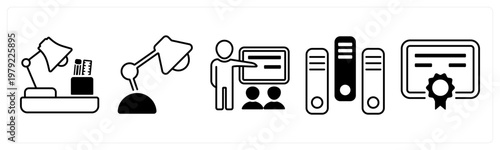 A set of 5 mix icons as study table, study lamp, lecture