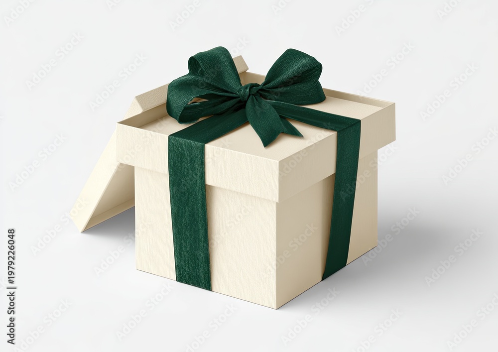 Obraz premium Cream gift box with open lid and deep green ribbon bow on white background