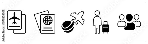 A set of 5 mix icons as passport, international, flight, traveller