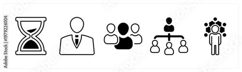 A set of 5 mix icons as sandglass, businessman, team