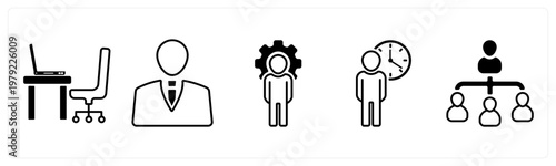 A set of 5 mix icons as office table, businessman, business management