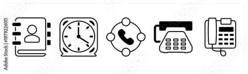 A set of 5 mix icons as contact book, clock, calling