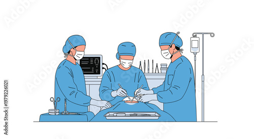 Three skilled surgeons wearing blue scrubs perform a delicate medical procedure using precise tools on a patient table monitored by a digital screen.