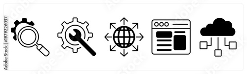 A set of 5 mix icons as search configuration, repair tools, worldwide