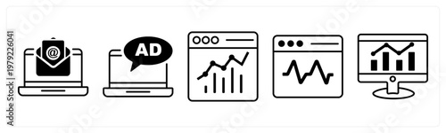 A set of 5 mix icons as online mail, business advertising, online analytics