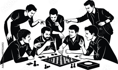 Group of men playing chess strategy game black white vector illustration