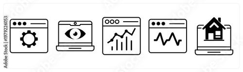A set of 5 mix icons as webpage settings, web designing, online analytics