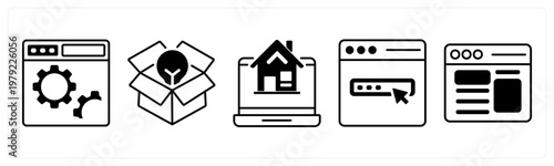 A set of 5 mix icons as webpage settings, open box, real estate