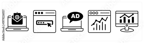 A set of 5 mix icons as online mail, web design, buisness advertising