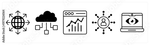 A set of 5 mix icons as worldwide, cloud computing, online analytics