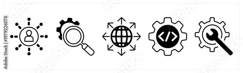 A set of 5 mix icons as connectivity, search configuration, worldwide