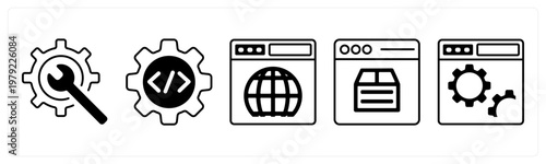 A set of 5 mix icons as repair tools, coding, web broswer