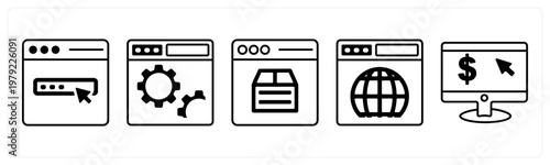 A set of 5 mix icons as web design, webpage settings, webpage details