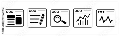 A set of 5 mix icons as webpage, web search, online analytics