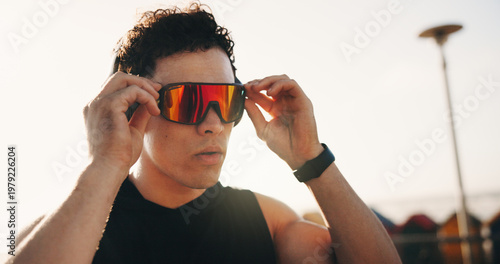 Canvastavla Fitness, outdoor and man with wellness, glasses for uv protection and thinking