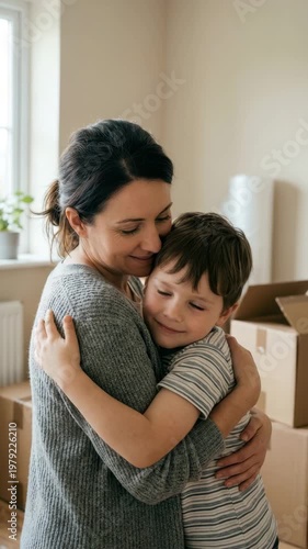 A mother hugs her son as they embrace after moving into their new house and unpacking boxes
