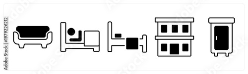 A set of 5 mix icons as sofa, rest, bed