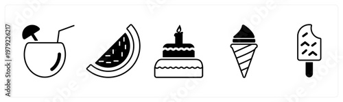 A set of 5 mix icons as coconut water, watermelon, cake