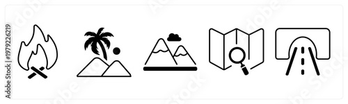 A set of 5 mix icons as bonfire, mountain, navigation