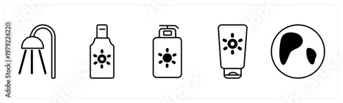 A set of 5 mix icons as shower, body lotion, sunscreen