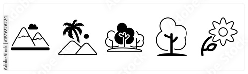 A set of 5 mix icons as mountain, forest, tree