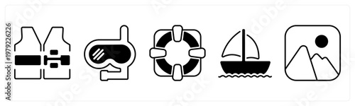A set of 5 mix icons as life jacket, scuba, ship