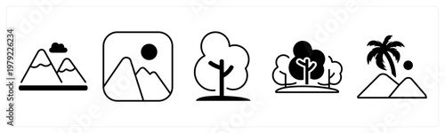 A set of 5 mix icons as mountain, tree, forest
