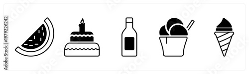 A set of 5 mix icons as watermelon, cake, champagne