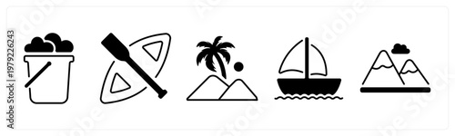A set of 5 mix icons as sandbucket, boat, mountain
