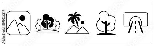 A set of 5 mix icons as mountain, forest, tree