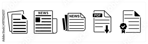 A set of 5 mix icons as document, newspaper, pdf download