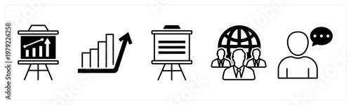 A set of 5 mix icons as presentation, business growth, international business