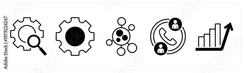 A set of 5 mix icons as configuration search, settings, connectivity,
