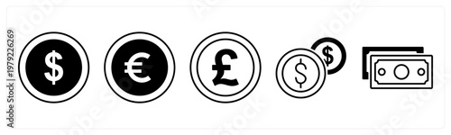 A set of 5 mix icons as money, euro, pound