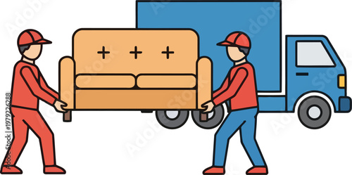 Moving truck with sofa on loading ramp for furniture delivery and home relocation service, flat vector illustration