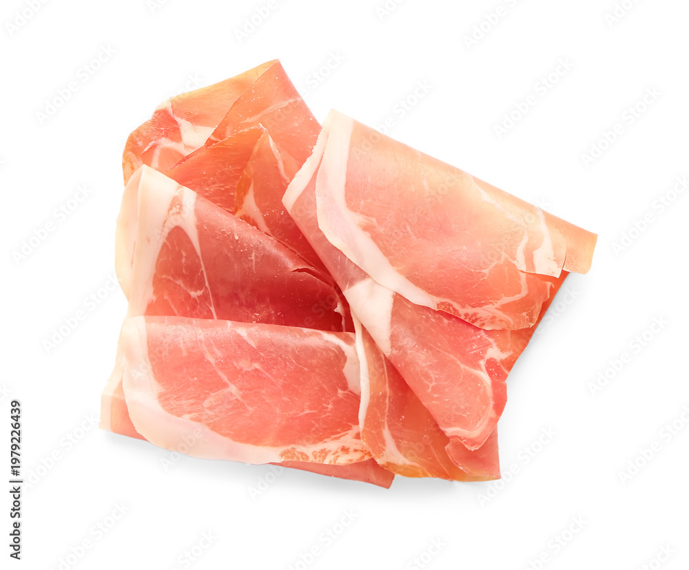 Naklejka premium Slices of tasty prosciutto on white background