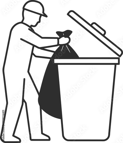 Sanitation worker putting trash bag into garbage bin, waste management and janitorial cleaning service icon, flat vector illustration