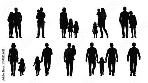 A collection of black silhouettes depicts diverse families and individuals standing or walking together showcasing unity high quality professional detailed modern
