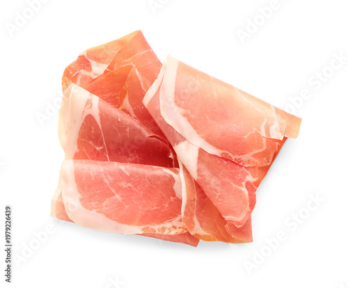 Slices of tasty prosciutto on white background