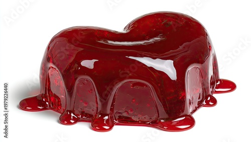 Red, heart-shaped gelatin dessert with glossy drips against a white background