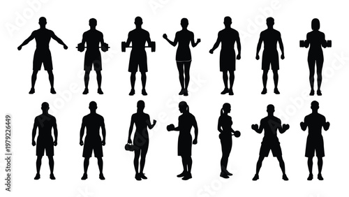 A collection of black silhouettes depicting diverse individuals actively engaged in physical fitness and weightlifting exercises high quality professional detailed modern
