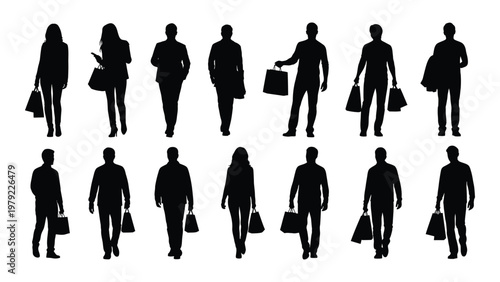 A collection of black silhouettes depicts diverse people mostly carrying shopping bags suggesting retail or consumerism high quality professional detailed modern