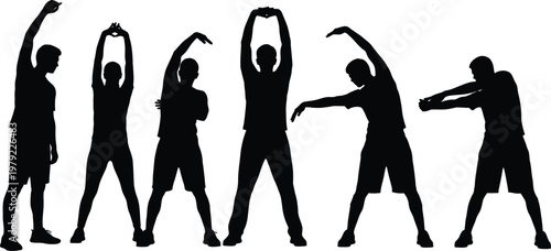 Group of people exercising and stretching in silhouette against a white background, promoting a healthy lifestyle